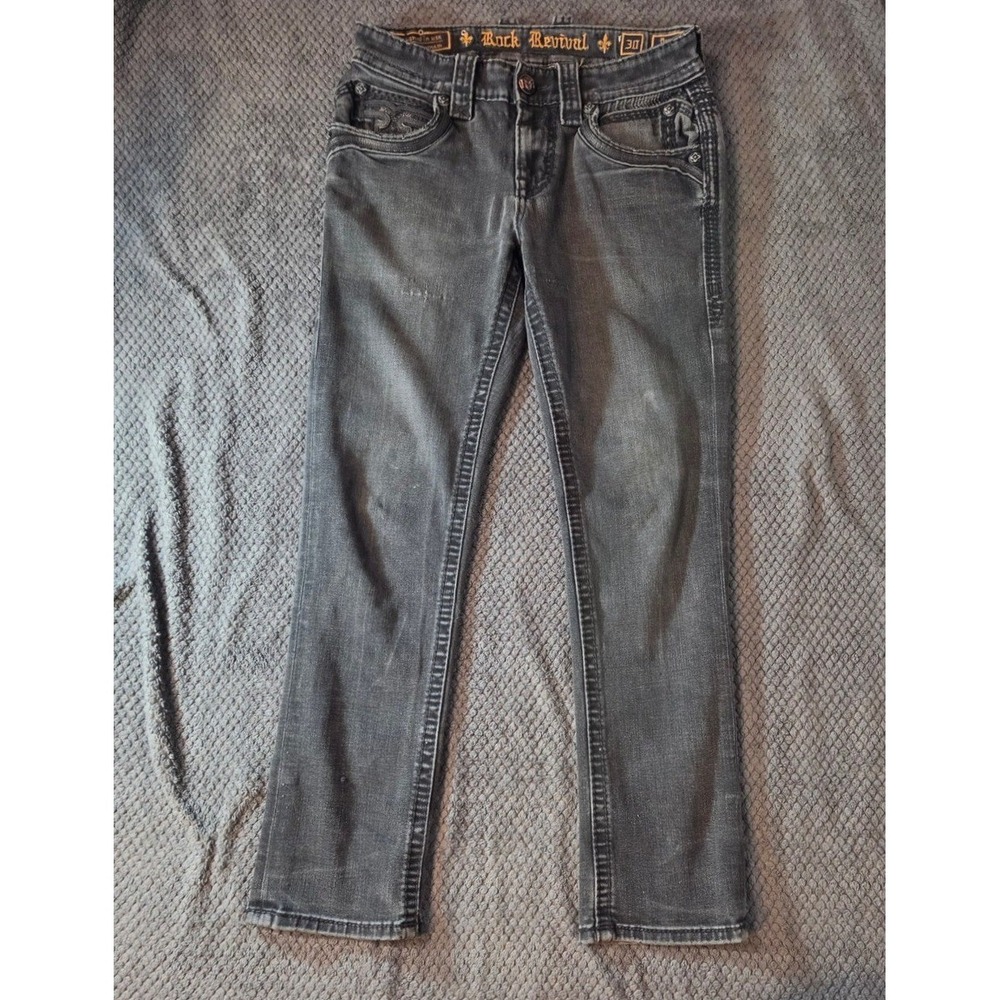 Rock Revival Brayen Slim Straight Jeans Black Faded Distressed Size 30